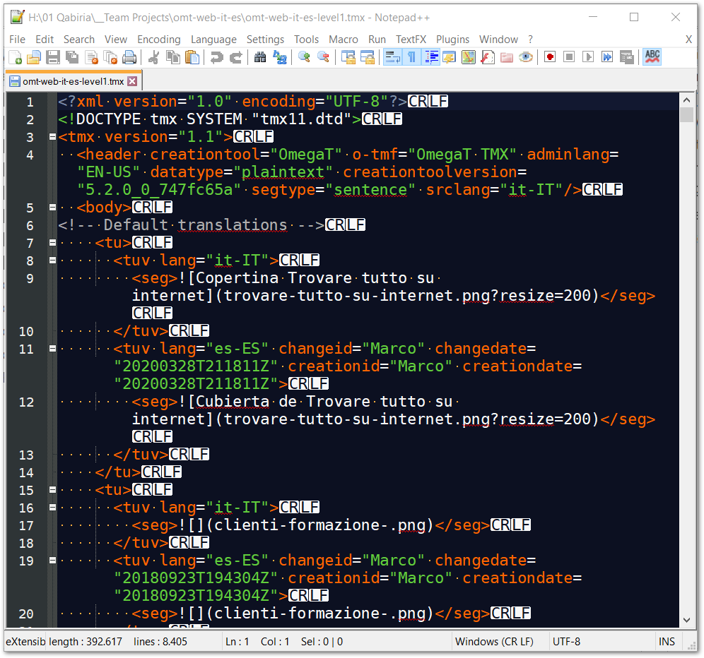 Schermata di un file XML in Notepad++