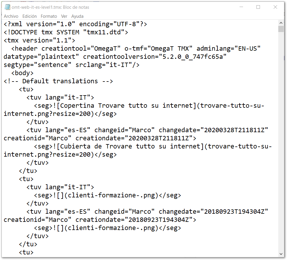 Schermata di un file XML nel Blocco note di Windows