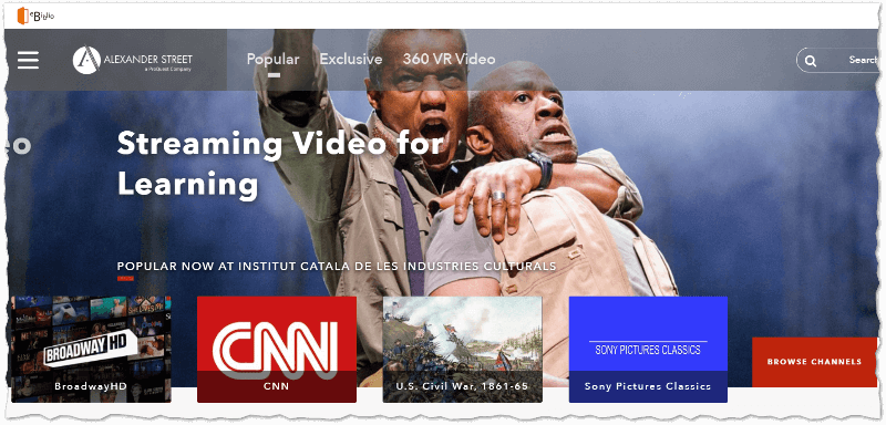 Home page di Alexander Street visualizzata mediante il sito eBiblio